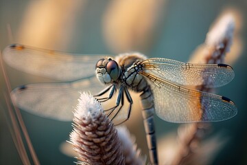 A gorgeous macro shot of a dragonfly resting on a branch, with a blurred background that accentuates its delicate wings. Generated by AI.