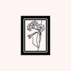Obraz premium Minimalistic flower graphic sketch drawing, black icon, stamp, trendy tattoo design, floral botanic elements vector illustration.