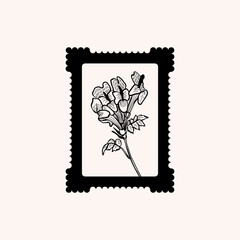 Obraz premium Minimalistic flower graphic sketch drawing, black icon, stamp, trendy tattoo design, floral botanic elements vector illustration.