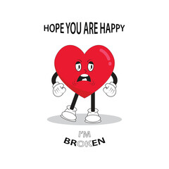 Vector illustration of cartoon heart mascot feeling disappointed and wishing you happiness. Character vector illustration with quotes about life.