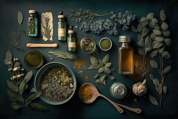 Herbal tea with various ingredients, beautiful illustration. Generated by AI.