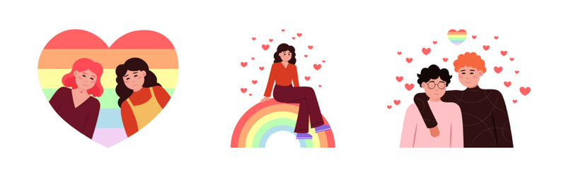 Set of cartoon characters showing support for lgbt community. Young gay and lesbian couples. Pride parade against violence and discrimination. Homosexuality and tolerance. Vector