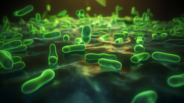 Green fluorescent bacteria in gut medium Generative AI 