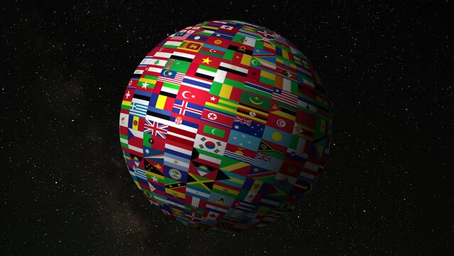World flags sphere. Rotating planet in spase, 4k