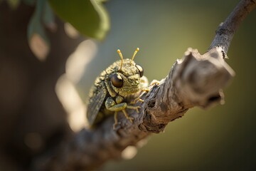 Close-up shot of an insect on a tree branch, showcasing the beauty of nature. Generated by AI.
