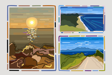 Vector collection of three bright landscapes with simple frames. Summertime. Sunset. Seashore. Road to the sea. Pointillism style. Isolated on light background.