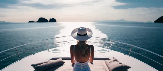 Foto op Plexiglas view from behind woman relaxing on a luxury boat. Generative ai © ink drop