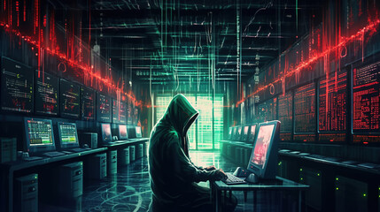 A hacker in a data center. network security. generative ai.