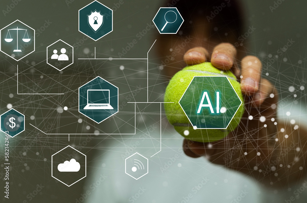 Poster artificial intelligence industry. integration computing concept. man presses brain ai gears button o