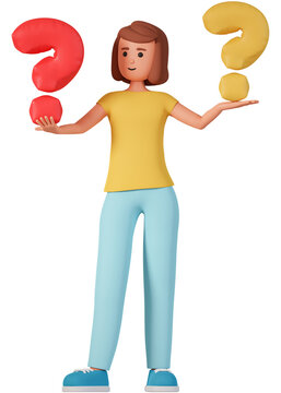 3D illustration of young woman hold two question mark and looking at one of them. Woman looking at question mark 3d illustration