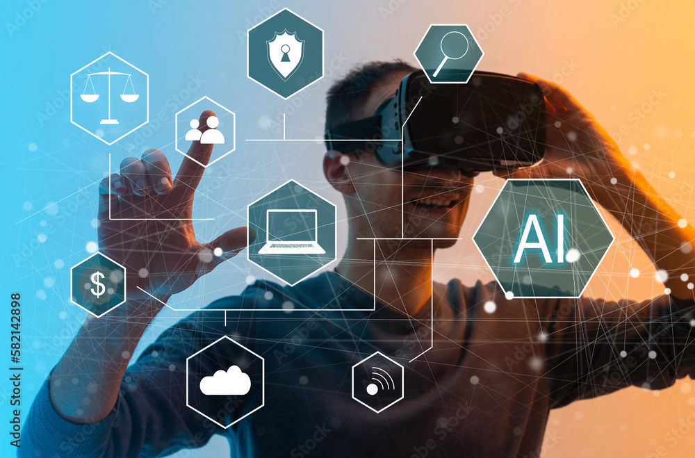 Poster hand touching digital chatbot for provide access to information and data in online network, robot ap