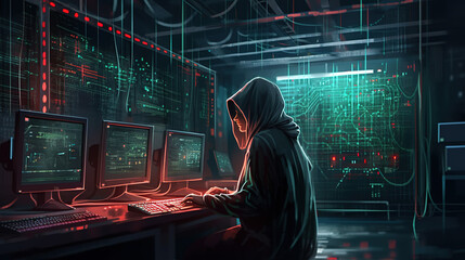 A hacker in a data center. network security. generative ai.