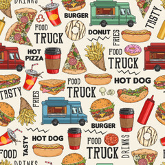 Food trucks colorful seamless pattern