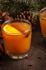 Two glasses of Mulled Wassail Cider with apple cider, cinnamon, cloves, orange, apple, lemon, and fresh ginger vertical shot
