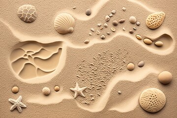 A beautiful sandy beach with stunning seashells scattered on the shore. Generated by AI.
