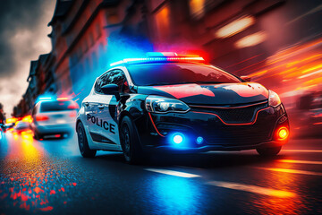 Police car in motion blur with flashing lights. Police car drive to emergency call. Generative AI