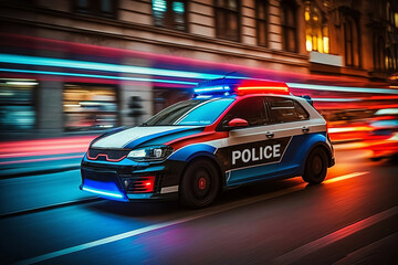 Police car in motion blur with flashing lights. Police car drive to emergency call. Generative AI