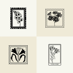 Minimalistic flower graphic sketch drawing, black icon, stamp, trendy tattoo design, floral botanic elements vector illustration.