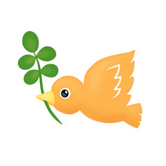 Illustration of a bird biting a leaf, 잎을 물고 나는 새 일러스트