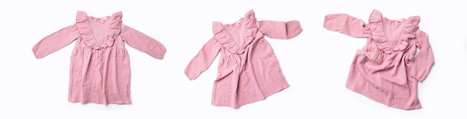 Pink muslin dress for baby girl isolated on white background. Gentle soft cotton dress, clothing....