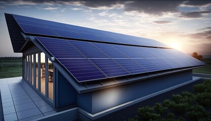 Blue photovoltaic solar panels mounted on building roof for producing clean ecological electricity at sunset. Production of renewable energy concept.