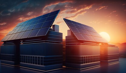 Blue photovoltaic solar panels mounted on building roof for producing clean ecological electricity at sunset. Production of renewable energy concept.