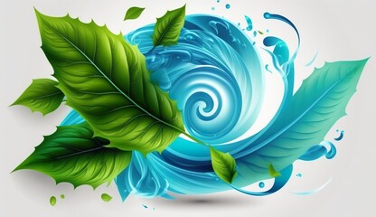 Freshness effect, blue air or wind flow with green leaves. Glow circle and swirls, wand trails, fresh menthol breath or detergent isolated on transparent background, Realistic 3d vector illustration