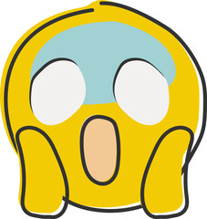 Screaming in fear emoji. Horror and fright emoticon. Yellow face with blue forehead, big scared eyes and long, open mouth. Hand drawn, flat style emoticon.
