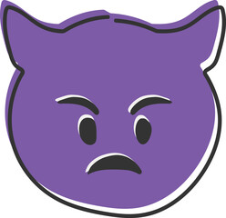 Evil devil emoji. Happy purple emoticon with devil horns. Hand drawn, flat style emoticon.