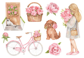 Spring watercolor set of vintage bicycle, girl with bouquet, dog with flower, cat on the porch and peonies. Watercolor hand-drawn collection of illustrations of with pink flowers and vintage bike