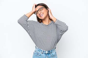 Young caucasian woman isolated on white background laughing