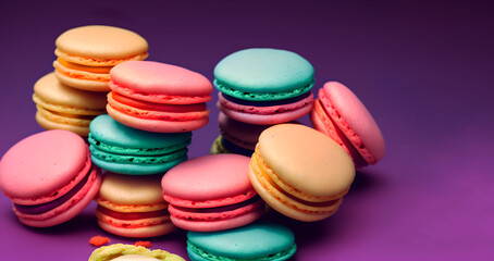 Fototapeta na wymiar Colorful macaroons french dessert on purple background. Generative Ai