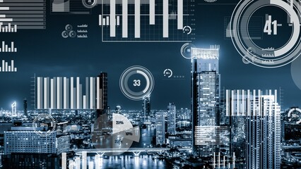 Business data analytic interface fly over smart city showing alteration future of business intelligence. Computer software and artificial intelligence are used to analyze big data for strategic plan .