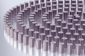 Fototapeta premium group 4680 format cylindrical lithium traction battery for battery modules, mass production accumulators high power and energy for electric vehicles, use dry electrode, isolated image, 3d rendering