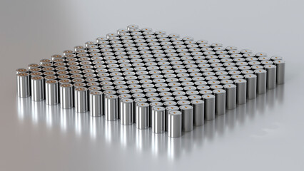 lot lithium traction 4680 accumulator cell for battery modules, mass production batteries high power, energy for electric vehicles, dry electrode, alternative energy development concept, 3d rendering