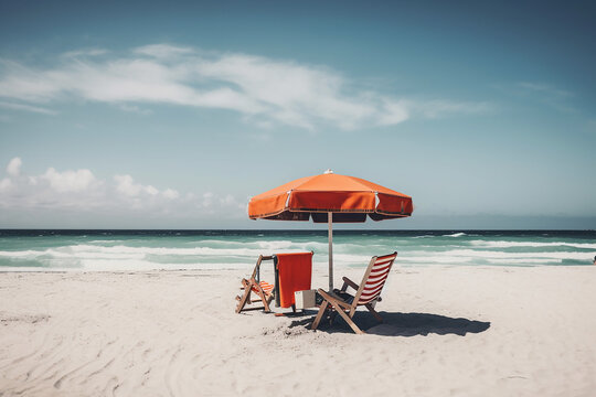 view of two chairs and umbrella on the beach, Created using generative AI tools.