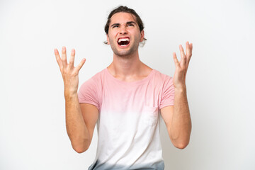 Fototapeta premium Caucasian handsome man isolated on white background stressed overwhelmed