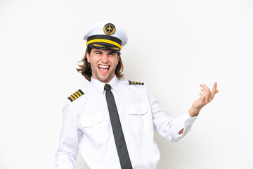 handsome Airplane pilot isolated on white background making guitar gesture