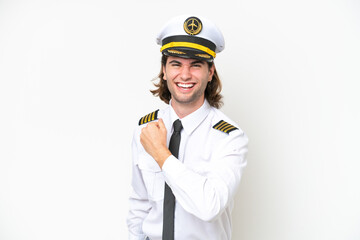 handsome Airplane pilot isolated on white background celebrating a victory