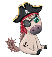 Cute pirate horse in a cocked hat, with an eye patch. Child character, games for boy