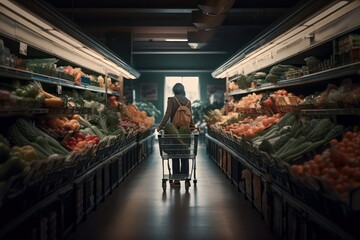 Rear view of a woman shopping for groceries, fruits and vegetables, struggling with inflated prices, recession, reflecting the impact of the economic downturn, generative ai - obrazy, fototapety, plakaty
