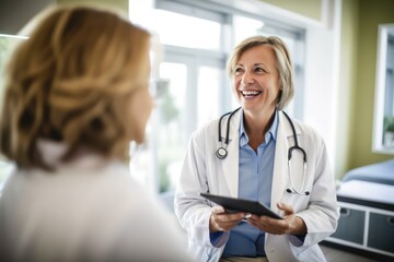 Candid shot of an elderly female doctor meeting with her patient in a hospital, displaying empathy and professionalism during a genuine healthcare interaction, generative ai