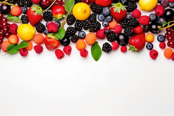 Naklejka na ściany i meble Banner with berries and fruits. Copy space, top view, summer background. Generative AI.