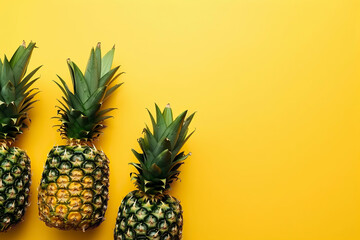 Banner with pineapples. Copy space, top view, summer background. Generative AI.