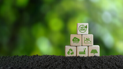 net zero and carbon neutral concept net zero emissions target Long-term, climate-neutral strategy with a wooden block on the green icon in the center of the net and a green icon on the background © Dee karen