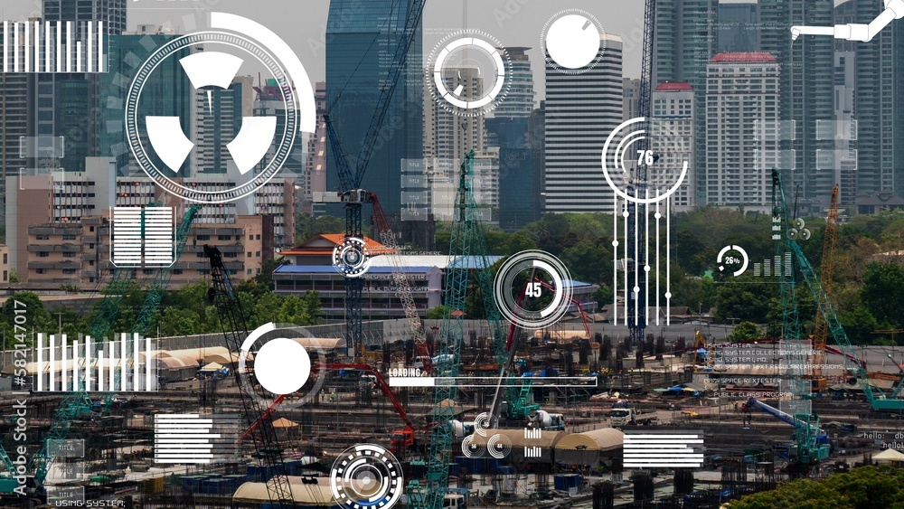 Poster construction technology concept with alteration graphic over construction site showing concept of au