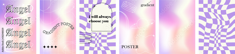 Aufkleber trendy blurred holographic style a4 posters set with linear geometric shapes cover for stories or po