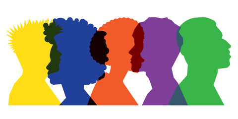 Colored silhouette people, Multiple exposure, Concept on diversity and teamwork