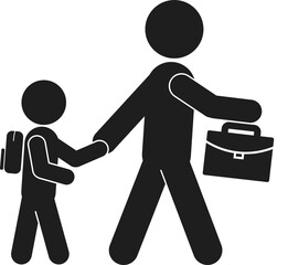 Isolated vector illustration of man or father hold his son or child hand while walking with briefcase and backpack, a pedestrian crossing sign template 