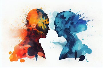 Watercolor Illustration of a Abstract 3D Render Of Two People Against Each Other. Opposition, Debate Concept. Illustration. Generative AI